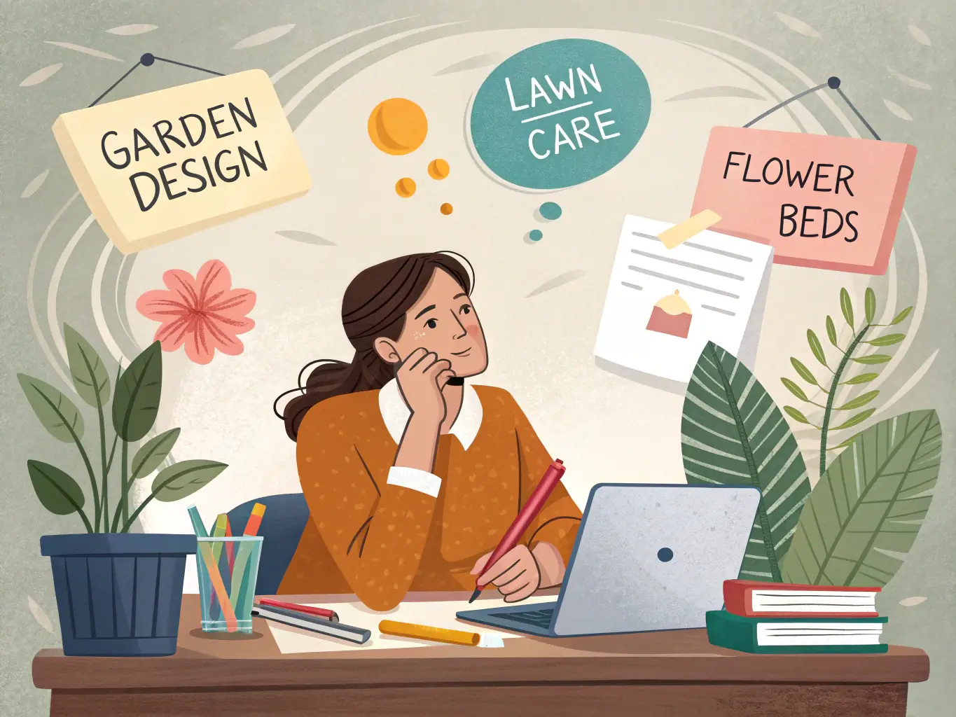 An image of a content writer brainstorming ideas, surrounded by notes and a laptop displaying a draft article.