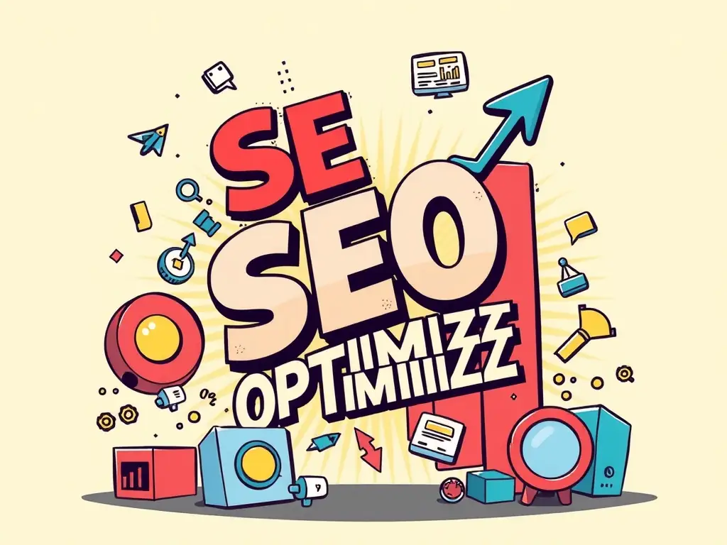 A graphic illustrating the process of SEO optimization, showing keywords, search engine results pages, and website analytics.
