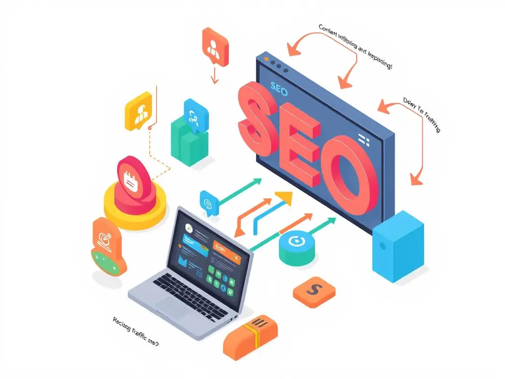 A graphic illustrating SEO optimization techniques, including keyword research, on-page optimization, and link building, all tailored for Wix websites.